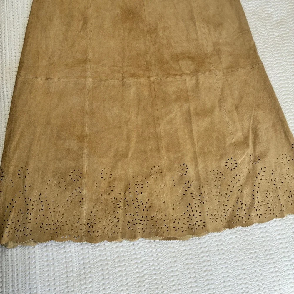 Coldwater Creek Suede Midi‎ Skirt Tan Laser Cut Romantic Western Women 12P